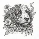 bernedoodle in a field of daisys tattoo design idea