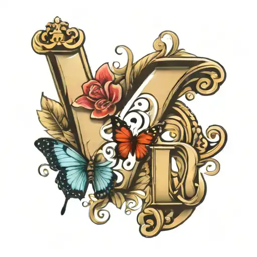 the letter R with hearts and crown and butterfly  tattoo design idea