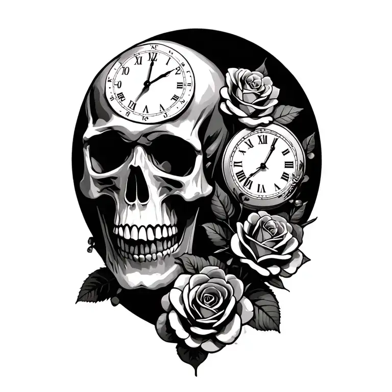 roses skulls and clocks tattoo design idea