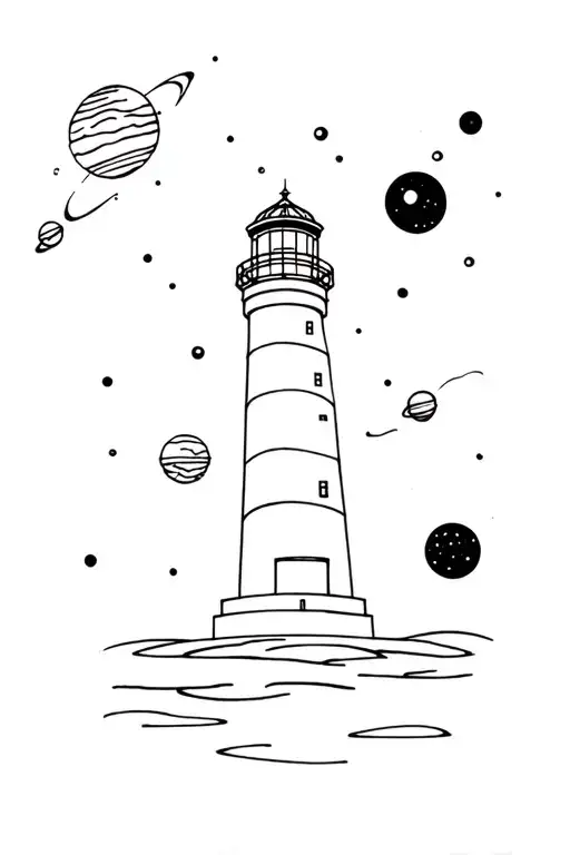 lighthouse sea planets orbiting  tattoo design idea