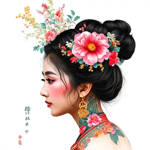 side profile of a beautiful hmong woman with florals tattoo design idea