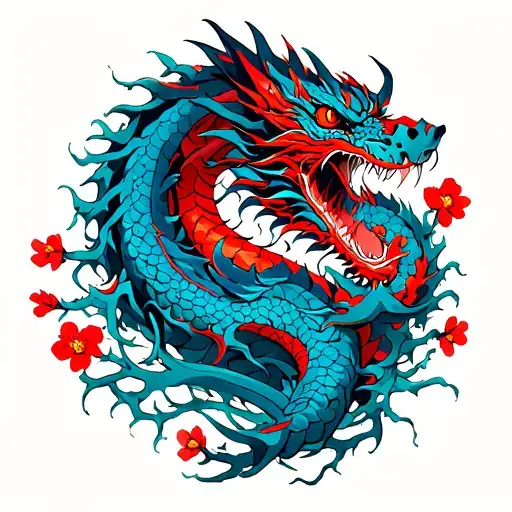blue and red dragon ripping through thick thorny vines with tiny red flowers blooming throughout tattoo design idea