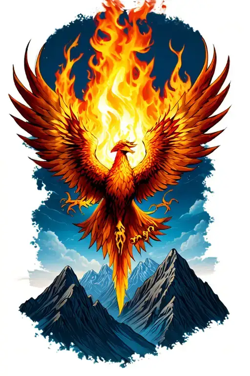 father symbol with mountains rising Phoenix from fire tattoo design idea