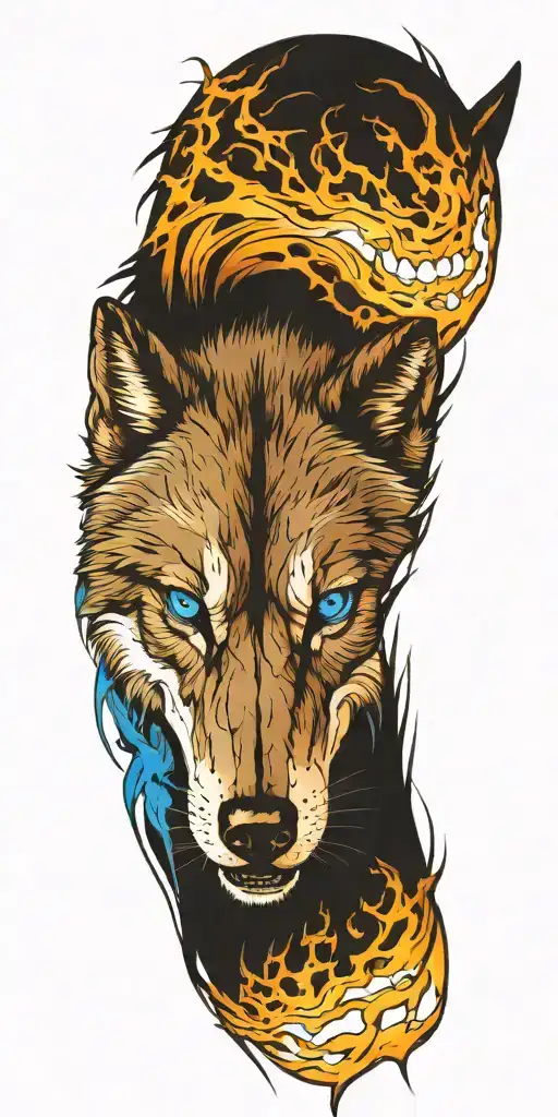 wolf and skull with bright blue eyes. Scary, evil, black, fiend . tattoo design idea