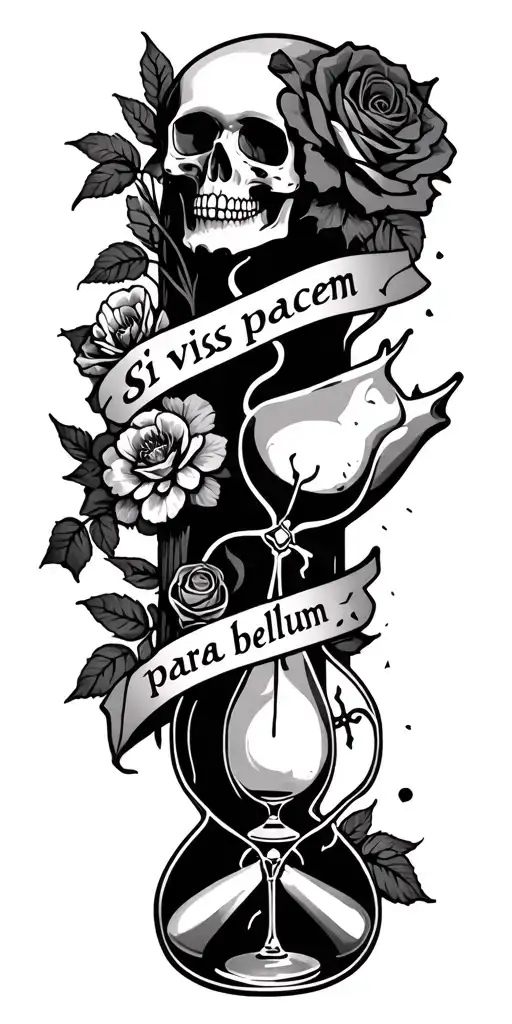 "si vis pacem, para bellum" day of the dead theme incorporating skulls, crosses, hands, flowers, roses, death beetles and broken hour glass tattoo design idea