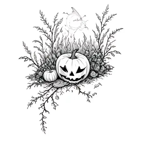 An intricate tattoo of a Halloween scene with a nature-inspired background and hidden botanical elements tattoo design idea