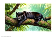 panther lying on a tree limb in the jungle background tattoo design idea