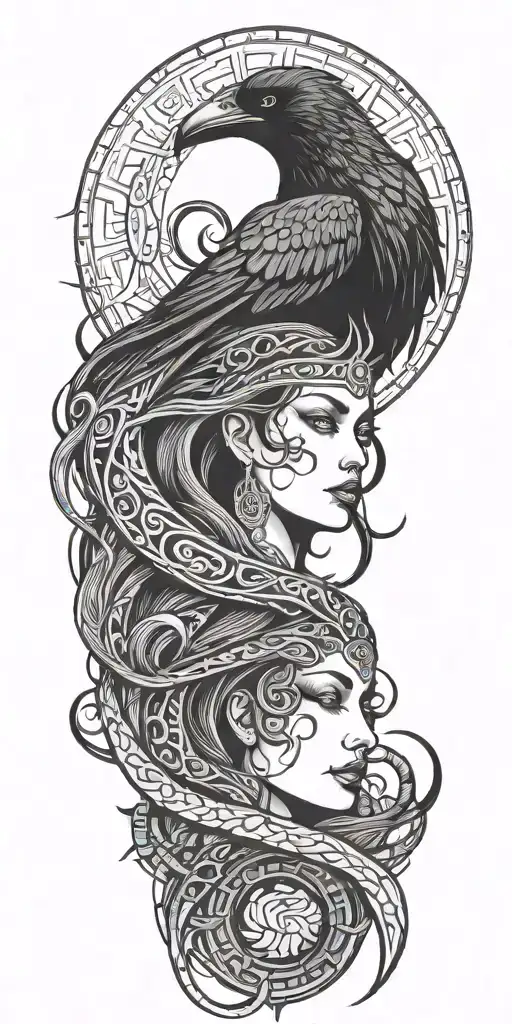 goddess of death, raven, snake, moon tattoo design idea