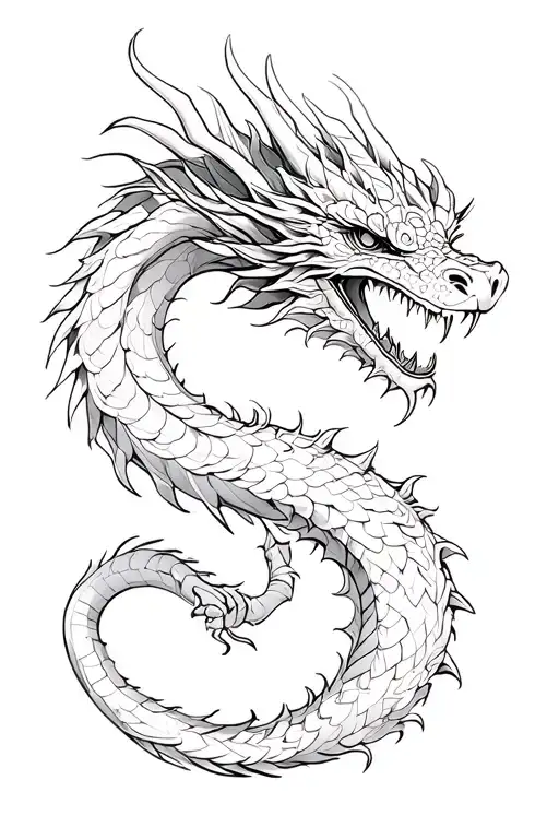 A black-and-white ink illustrations featuring Eastern dragon tattoo design idea