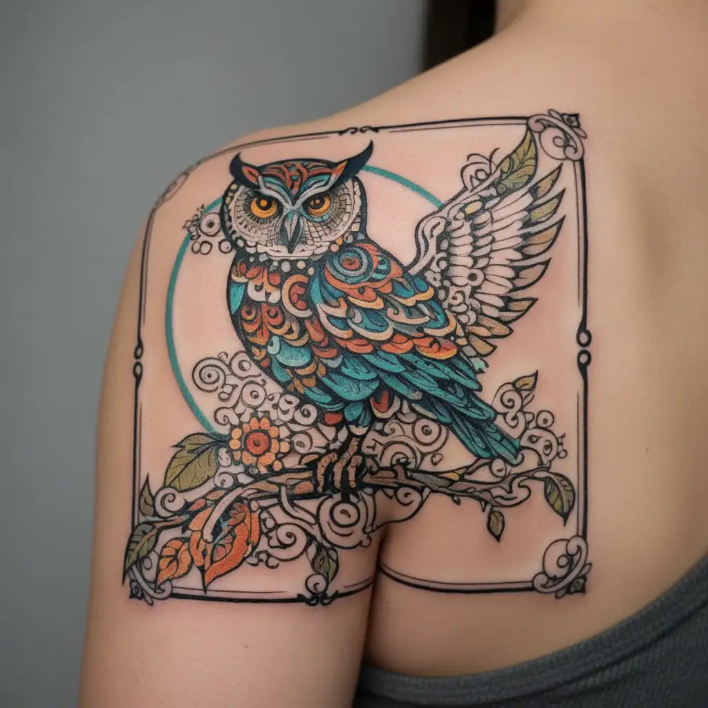 when steampunk meets mandala design incorporating elements of an owl perched on a branch, vibrant colors tattoo design idea