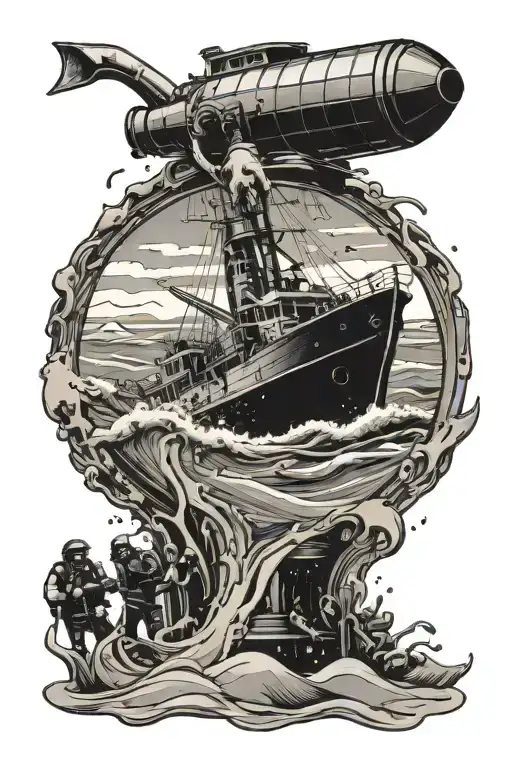 Broken bottle pouring water and sand to a ship with scuba divers around the water and sand tattoo design idea