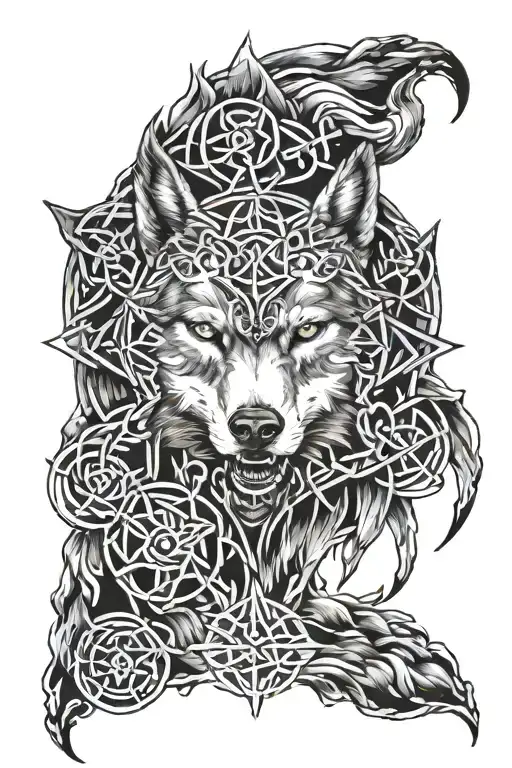 realistic angry wolf tattoo with mystic symbols around his head, Celtic symbols around his head tattoo design idea