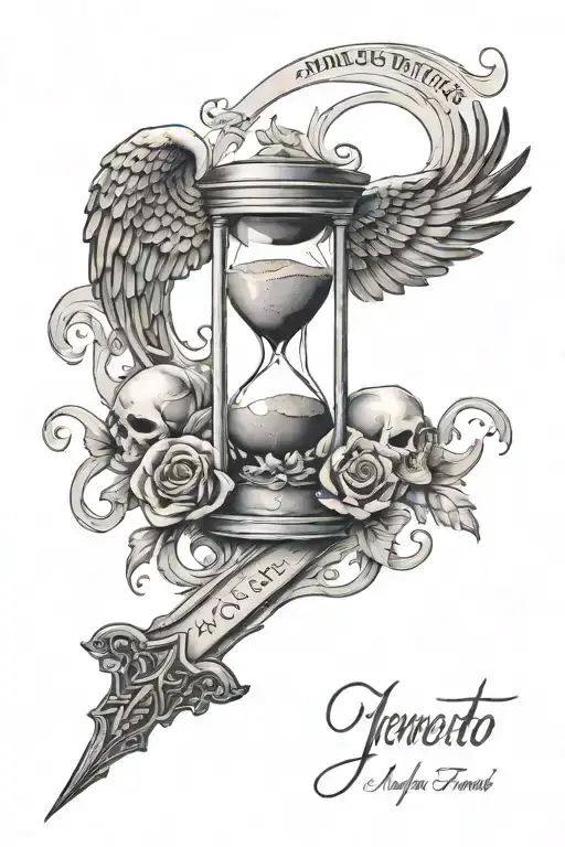 Memento mori amor fati text, Icarus falling, hourglass with sand tattoo design idea