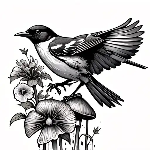 Baltimore oriole bird flying above knee morel mushrooms and flowers going down side of knee tattoo design idea