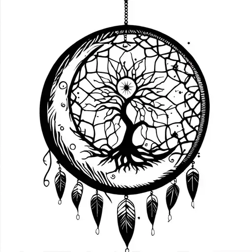 crescent moon dream catcher with tree of life. tattoo design idea