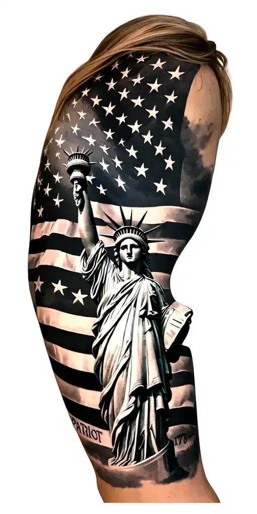 black and gray sleeve tattoo for woman that includes an American flag 1776 Statue of Liberty, the word Patriot and eagle tattoo design idea