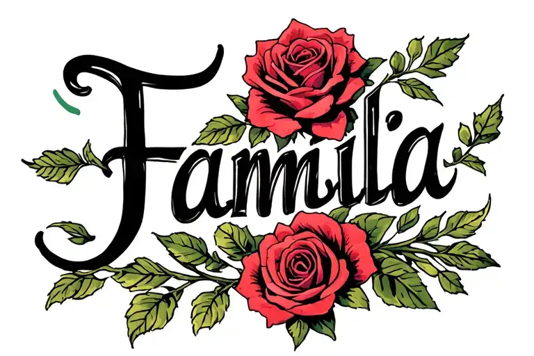 Written "Familia" in Chicano style with a realistic style rose on the external forearm tattoo design idea