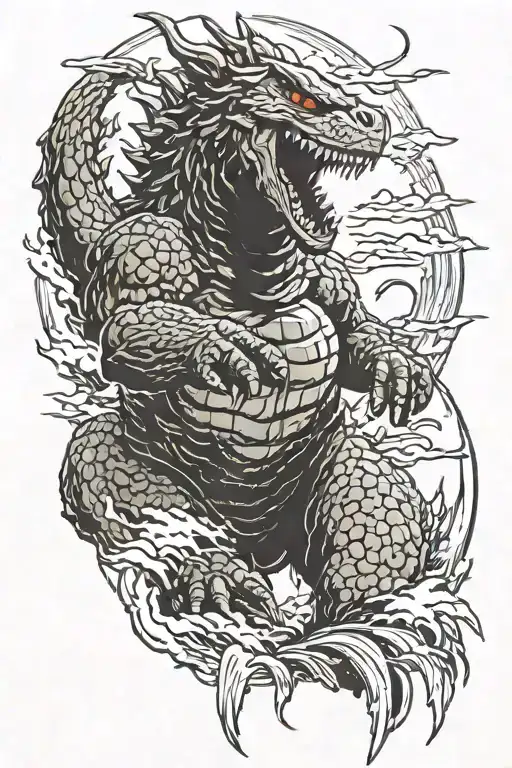 Godzilla powering up and yelling at the sky full tattoo design idea