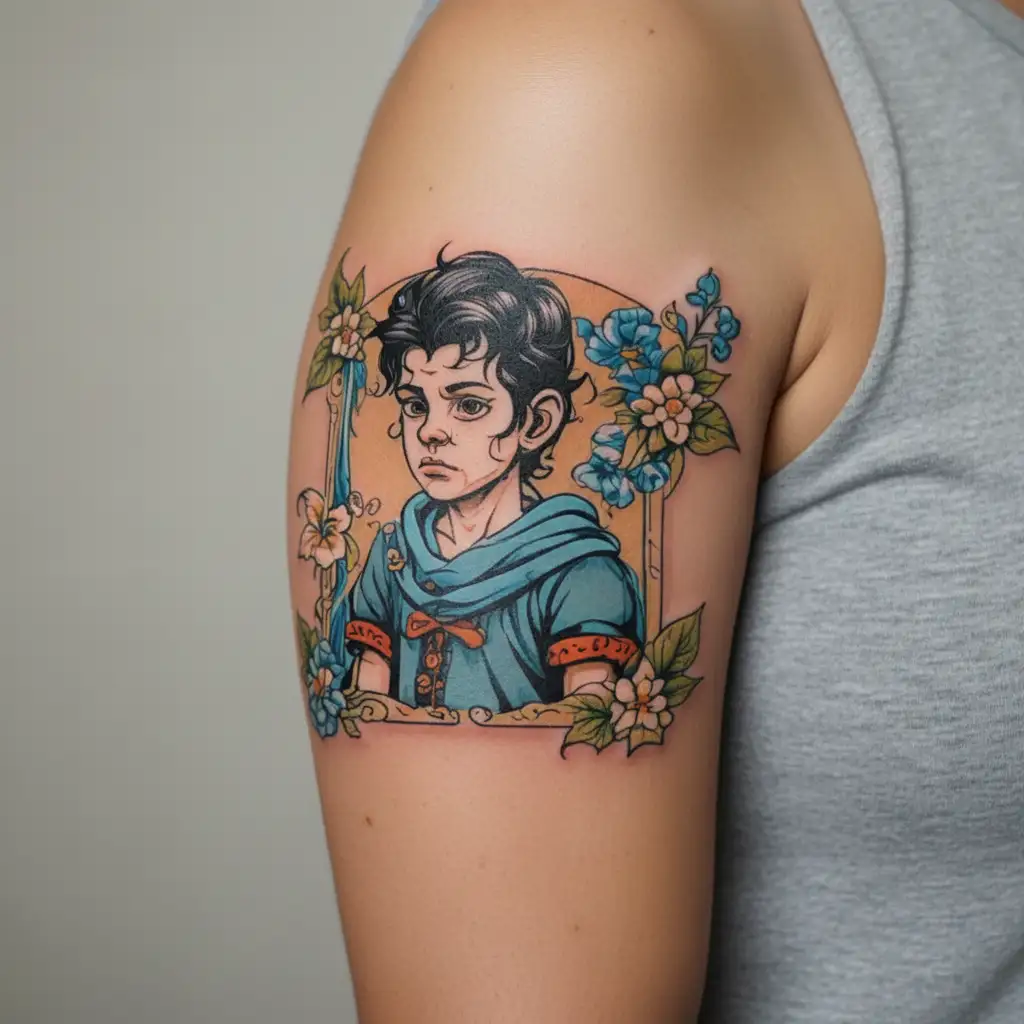 boy with black hair and dark blue eyes in peasant clothes tattoo design idea