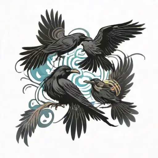 A raven and a crow circling together, intertwined in dynamic motion, with swirling feathers and a vibrant, textured look tattoo design idea