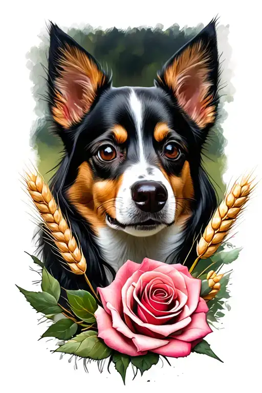 Dog with my birthday and rose and wheat branch and girl's face tattoo design idea