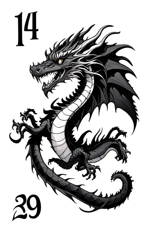 Dragon with numbers 14, 18, and 29 tattoo design idea