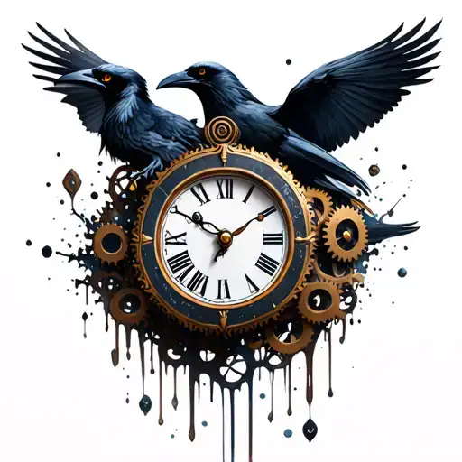 melting clock with gears and ravens tattoo design idea