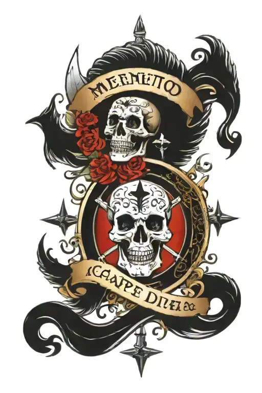 put the words "Memento mori, carpe diem", also add a double ouroboros and valkyrie varangian symbol tattoo design idea