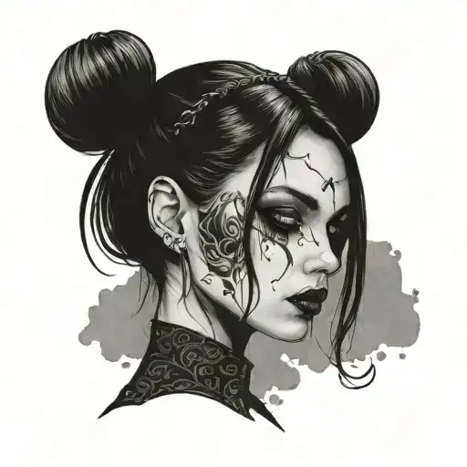 a goth girl with split face personality, shoulder shot tattoo design idea