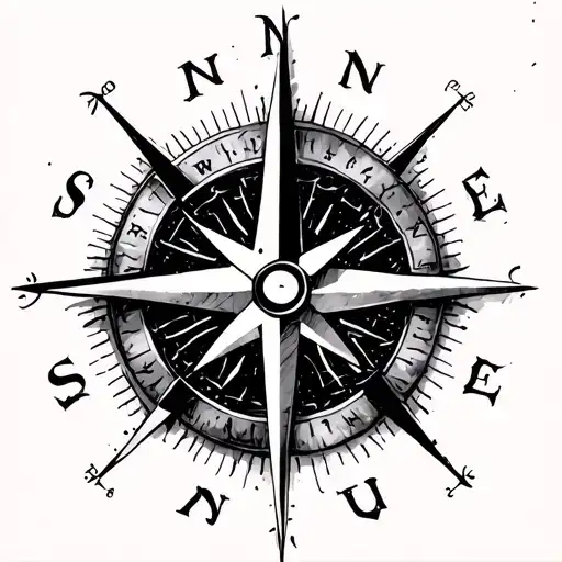 Uncoloured compass with a Japanese style brushstroke circle as the circumference with all 4 directions, N, S, E, W tattoo design idea