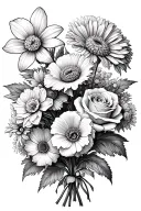 flower bouquet made up of 2 carnations, 2 daffodils, 1 rose, 2 poppy's, 1 Aster, and 1 chrysanthemum. tattoo design idea