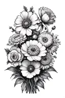 flower bouquet made up of 2 carnations, 2 daffodils, 1 rose, 2 poppy's, 1 Aster, and 1 chrysanthemum. tattoo design idea