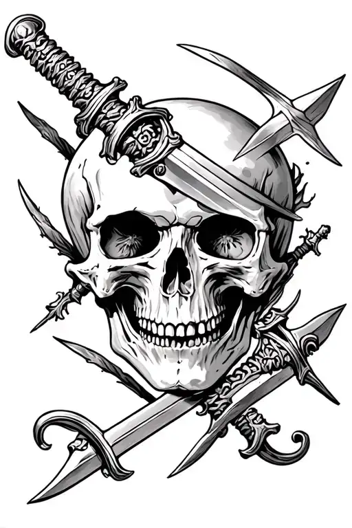 skull bites other skull with swords through eye sockets tattoo design idea