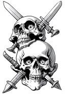 skull bites other skull with swords through eye sockets tattoo design idea