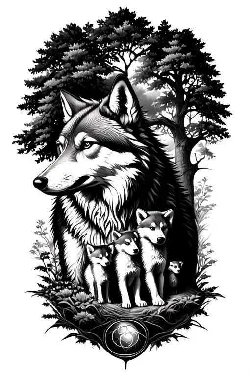 Wolf that hugs in profile to his 3 cubs and a tree of life in a lap plan surrounding the scene tattoo design idea