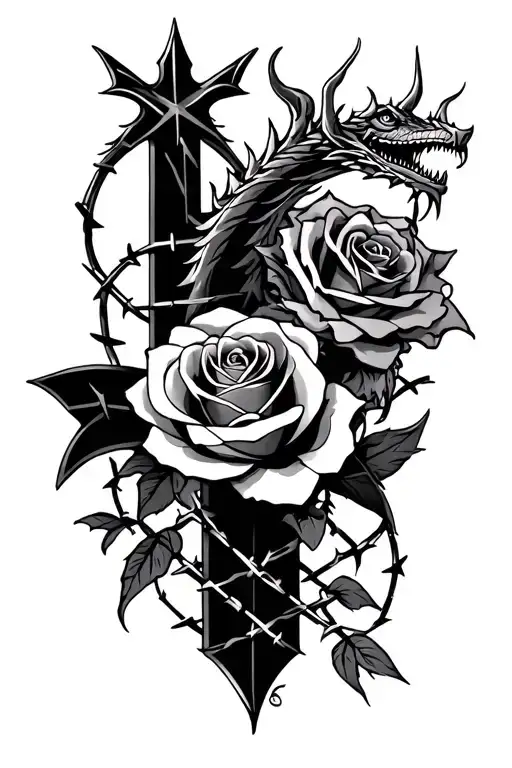 , roses, cross, barbed wire, dragon tattoo design idea