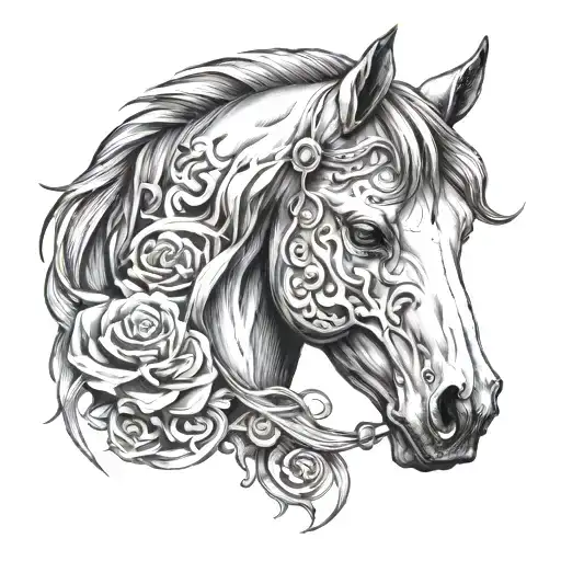 half flesh half skull horse head tattoo design idea