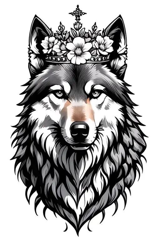 lone wolf wearing a crown with flowers tattoo design idea