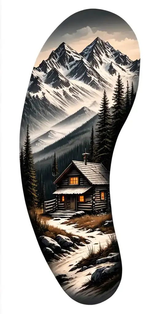 A detailed mountain landscape with a nestled cabin and a hidden hunting scene incorporated within the design tattoo design idea