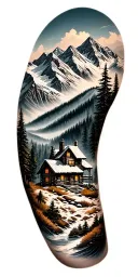 A detailed mountain landscape with a nestled cabin and a hidden hunting scene incorporated within the design tattoo design idea
