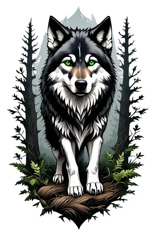 A realistic black and grey wolf with intense green eyes, standing in a dark enchanted forest. Around the wolf, carved st tattoo design idea