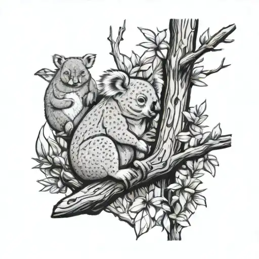 Koala and kookaburra on a gum tree next to a creek with a platypus swimming and a wombat drinking tattoo design idea