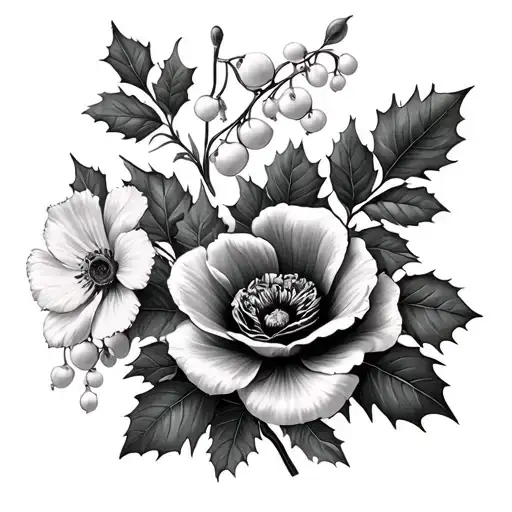 3 holly berries flowers, violet flower, lily of the valley flower, poppy flower, cosmos flower, rose tattoo design idea