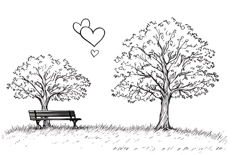 Park bench next to a tree with 2 hearts above  tattoo design idea
