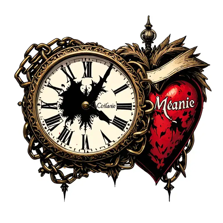 "Mélanie" clock Coeur chain tattoo design idea