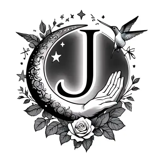 Capital letter j, crescent moons, stars, roses, hummingbird, open praying hands tattoo design idea
