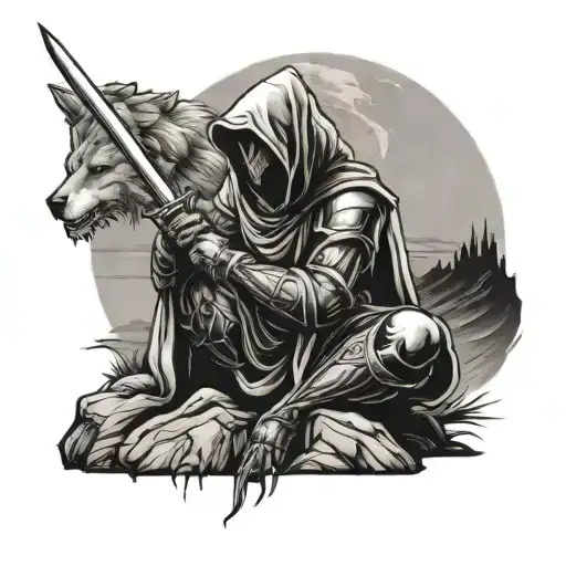 front facing hooded crusader knight kneeling holding sword, mountain setting, full moon, howling wolf tattoo design idea