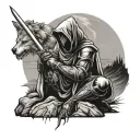 front facing hooded crusader knight kneeling holding sword, mountain setting, full moon, howling wolf tattoo design idea