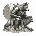 front facing hooded crusader knight kneeling holding sword, mountain setting, full moon, howling wolf tattoo design idea