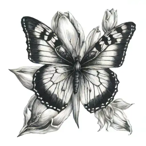 butterfly and tulips with name John Paul Emmanuel tattoo design idea